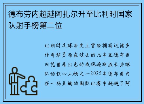 德布劳内超越阿扎尔升至比利时国家队射手榜第二位