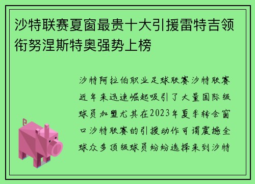 沙特联赛夏窗最贵十大引援雷特吉领衔努涅斯特奥强势上榜